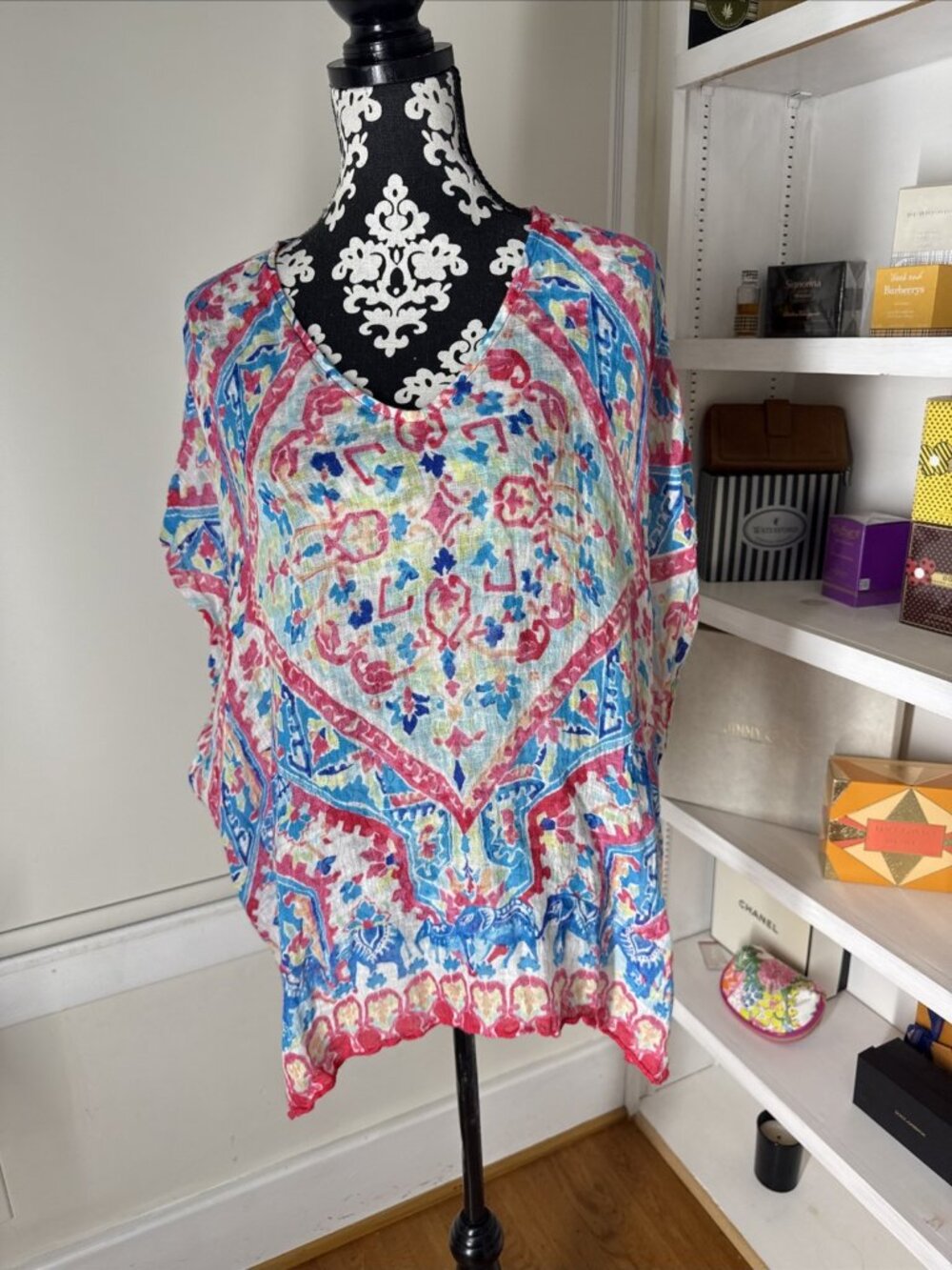 Chico’s Colorful Linen Block Poncho Size L/XL Boho Colorful Lightweight Summer